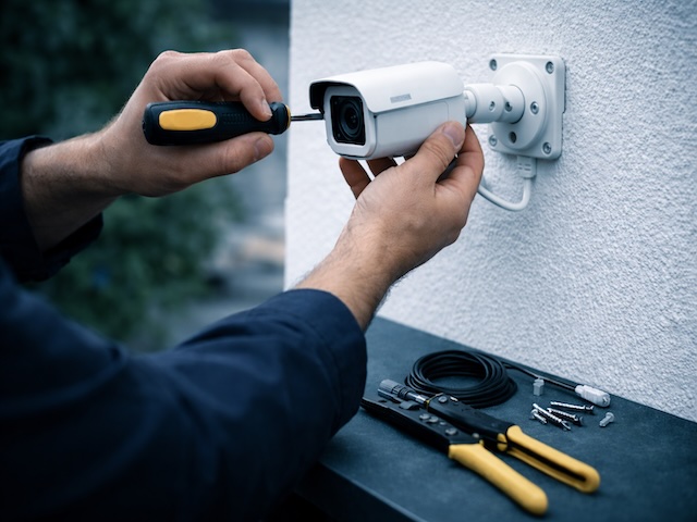 Специалист выполняет монтаж камеры видеонаблюдения на объекте в Хабаровске